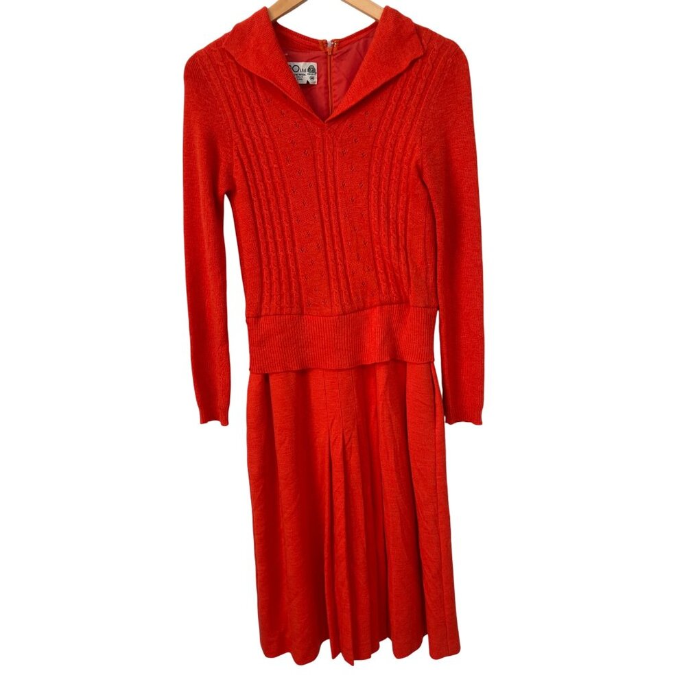 Vintage Ciao Ltd Knit Long Sleeve Sweater Dress Sz 14 Pure New Wool Orange Red